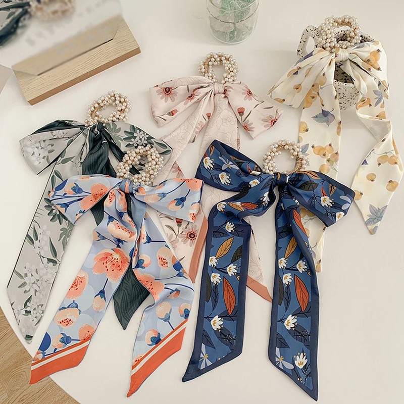 

Bow Streamers Hair Ring Fashion Floral Print Ribbon Girl Hair Bands Scrunchies Horsetail Tie Solid Headwear Hair Accessories