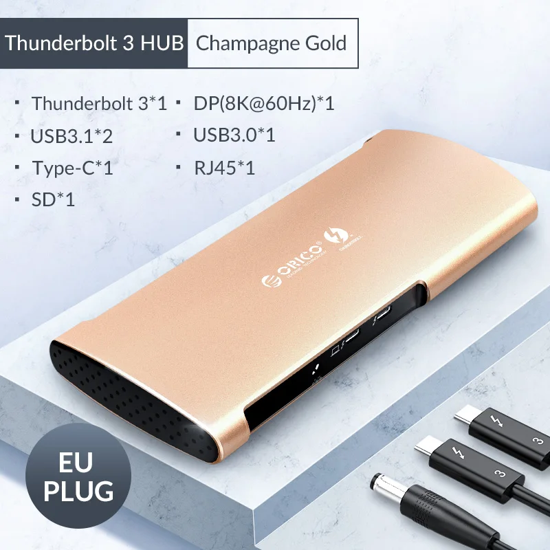 EU Champagne Gold Док-станция ORICO Thunderbolt 3 концентратор USB Type C-DP USB 3,0 концентратор адаптер RJ45 SD4.0 USB-C конвертер 40 Гбит/с для MacBook Pro Air huawei - Цвет: EU Champagne Gold