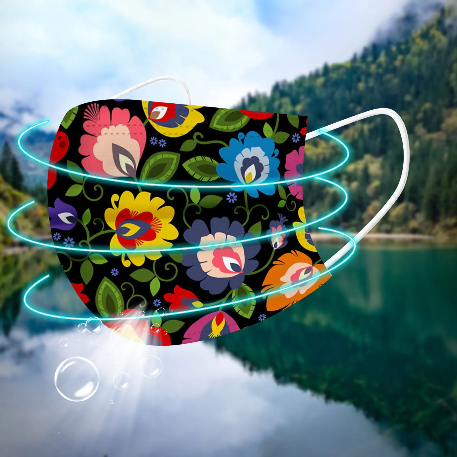 

50PC Adult Mask Color flower print 3Ply Earhook protection windproof dustproof breathable Earloops Outdoor Face Mouth-muffle
