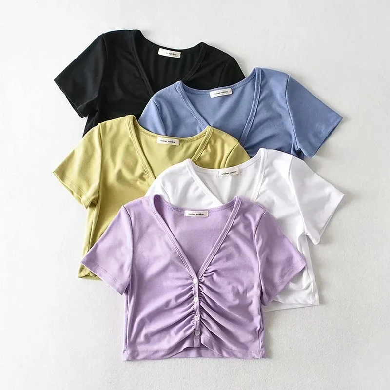 

Jlong Summer Top Korea V-Neck Four Buttons Sexy Navel Short Pleated Single Breasted Short Sleeve CardiganT Shirt