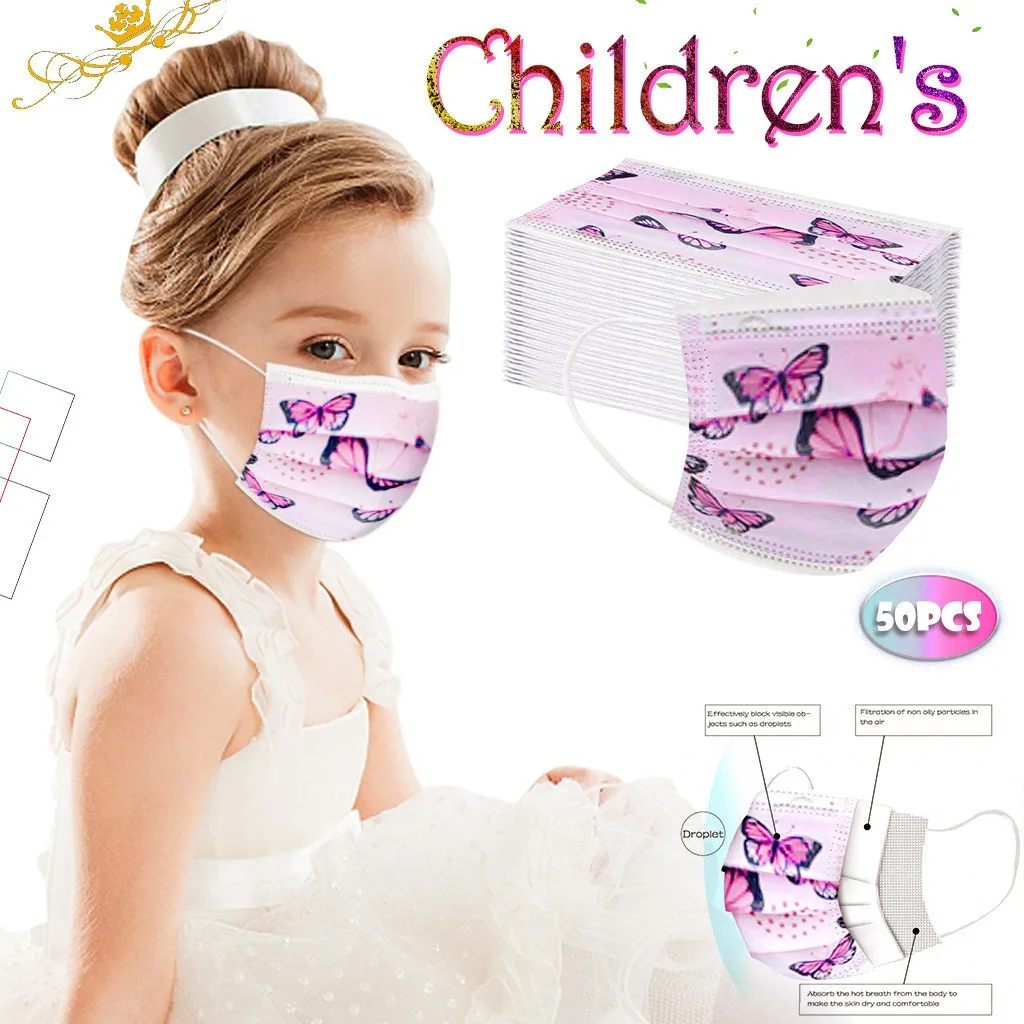 

50pcs Child Mask Lovely Print Disposable Face Mask Children's Mask Industrial 3 Ply Ear Loop Anti-dust Pollution Cartoon Masks