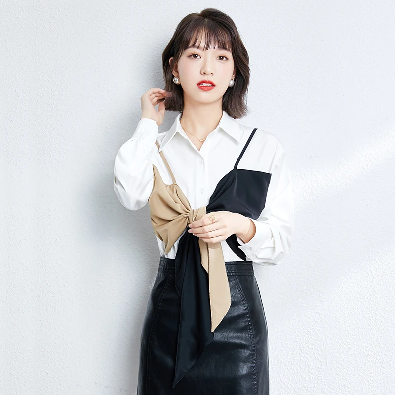 Женская блузка с отложным воротником белая офисная составного кроя длинным