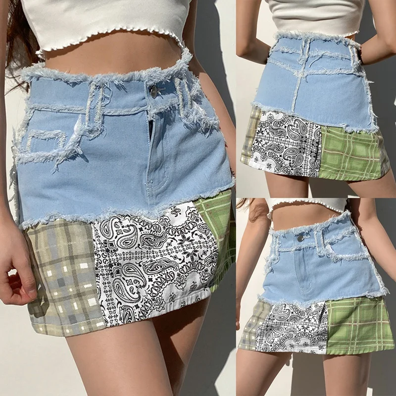 

Women's Fashion Raw Edge Stitching Plaid A-Line Skirt Denim Casual Short Skirt Blue