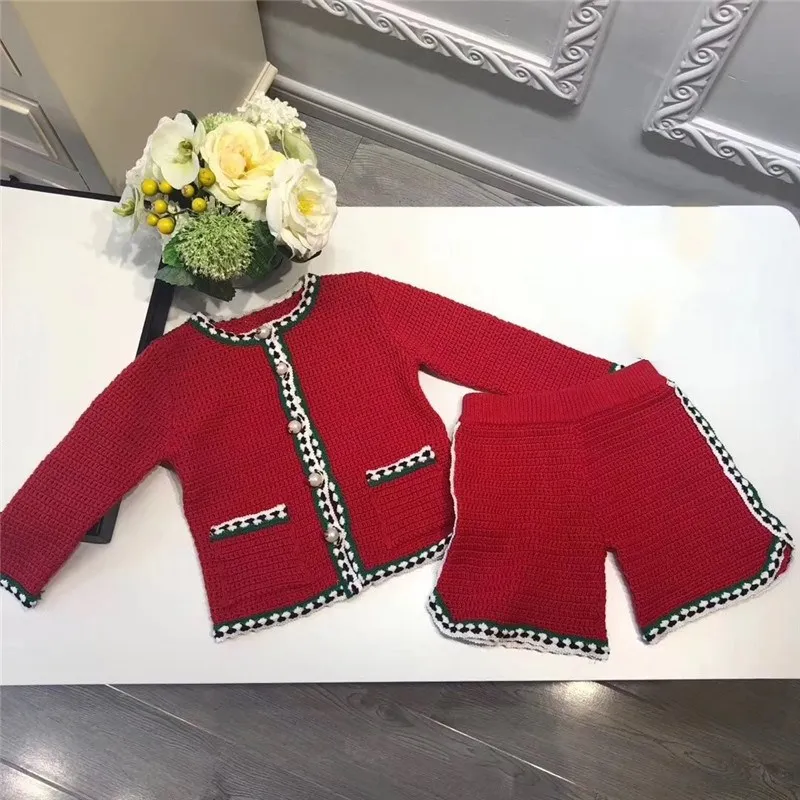 set 2 шт./компл., зимний и Осенний красный кардиган для маленьких девочек+ шорты для маленьких детей, комплект одежды для девочек, брендовый вязаный комплект одежды - Цвет: set