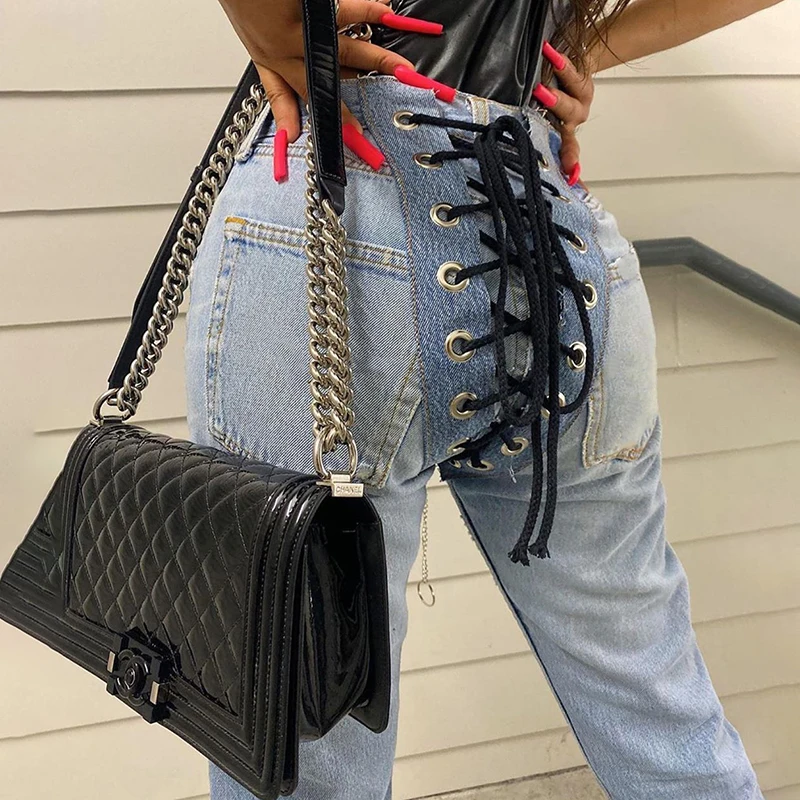 Denim Pants Button Elastic Zipped Lace Up High Waist Long Pant Jeans 2020 Women Autumn Winter Casual Streetwear Party Club Jeans