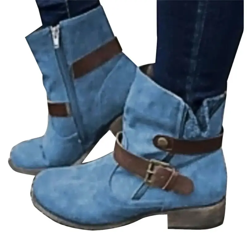 

Women Vintage Buckle Boots Round Toe Ladies Low Block Heel Autumn Shoes Booties
