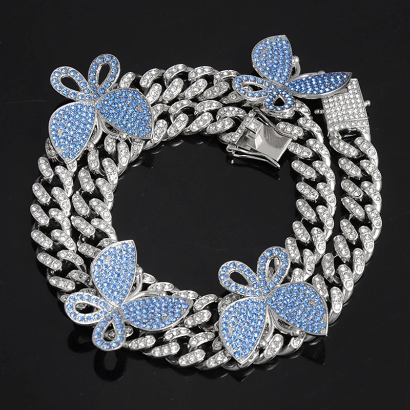 

1 New Fashion Charm Hip Hop Iced Out Paved Rhinestones 12MM Full Miami Curb Cuban Chain with Butterfly Necklaces for Men Jewelry