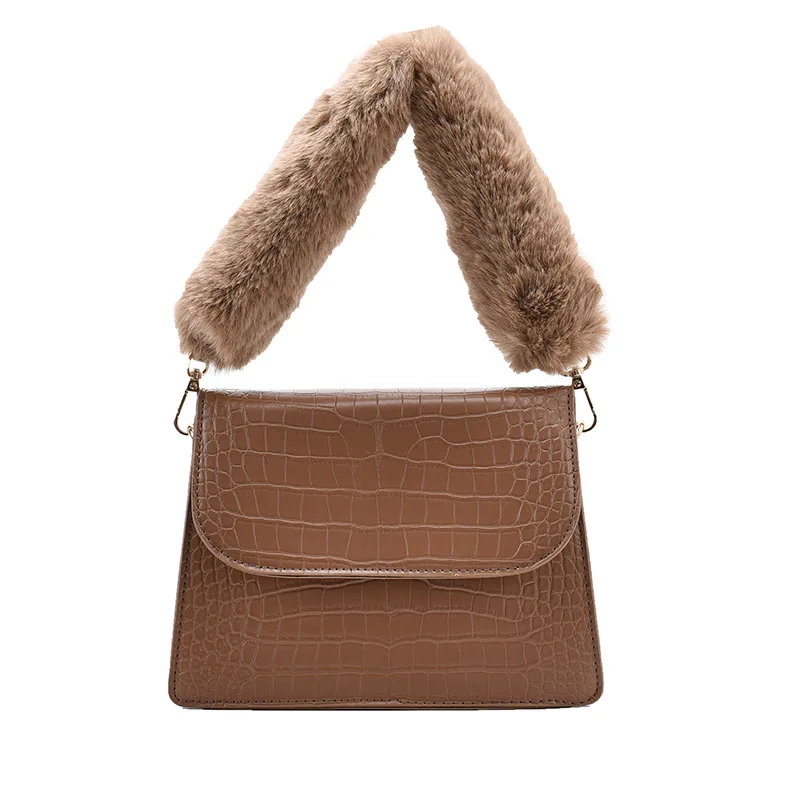 

Faux Fur Shoulder Belt 2021 Fashion Trending PU Leather Women's Designer Handbag and Purses Small Shoulder Crossbody Bag