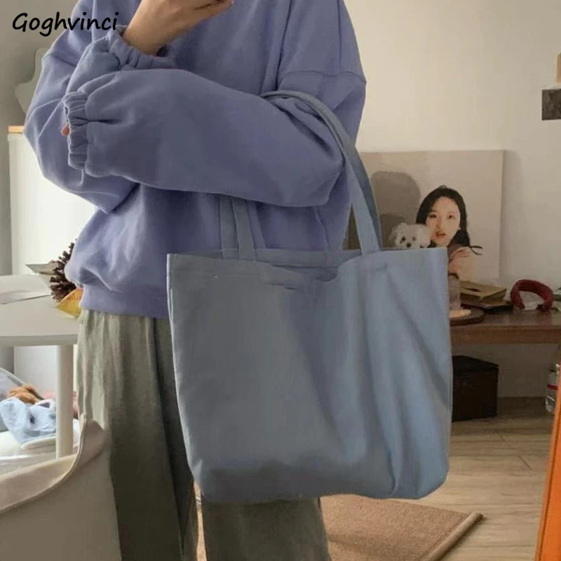 

Shopping Bags Women Canvas Solid Big Capacity Shoulder Students Satchel All-match Simple Shopper Portable Harajuku Eco-Friendly