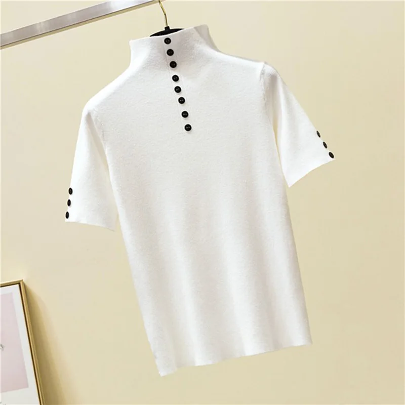 

2020 Summer Vogue Knitted Button T shirt Women Turtleneck Short Sleeve Slim Solid Tee Shirt Femme Ladies Pullover Tshirt Tops