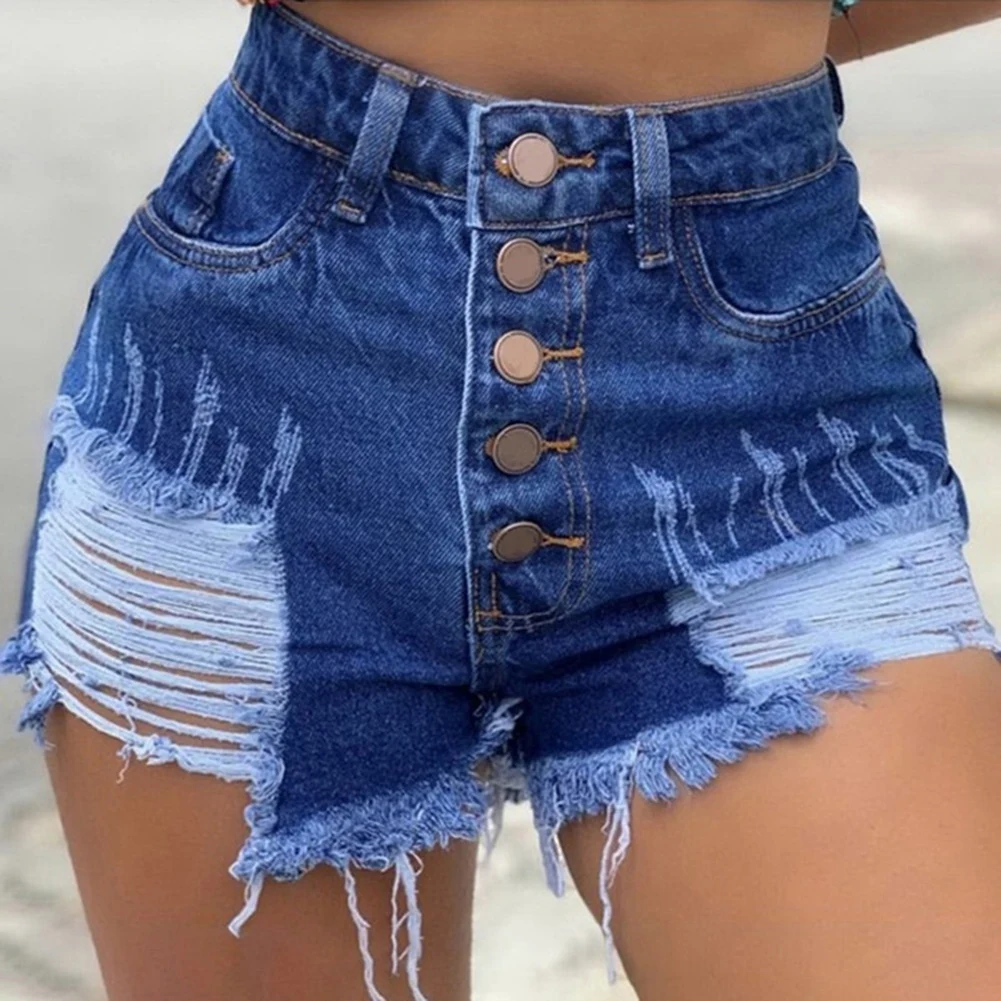 

Ripped Repaired Denim Shorts Button High Waist Denim Shorts Pants Women EIG88