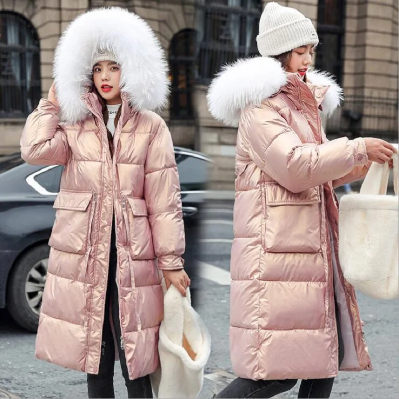 

2021New Winter Warm Glossy Parkas Women Fashion Fur Hooded Pockets Winter Coats Women Elegant Long Cotton Jackets Coat Female