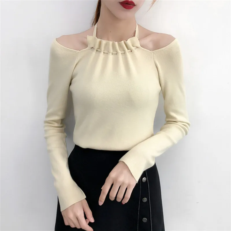 Женский трикотажный пуловер топы осень 2019 Плиссированный Воротник халтер