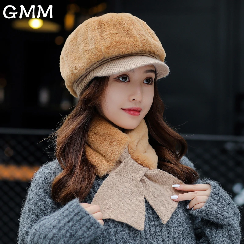 

Fashion Elegant Women Winter Visor Beanie Hat Solid Mink Plush Knit Berets Scarf 2Pcs Set Thick Warm Skullies Beanies Female Cap