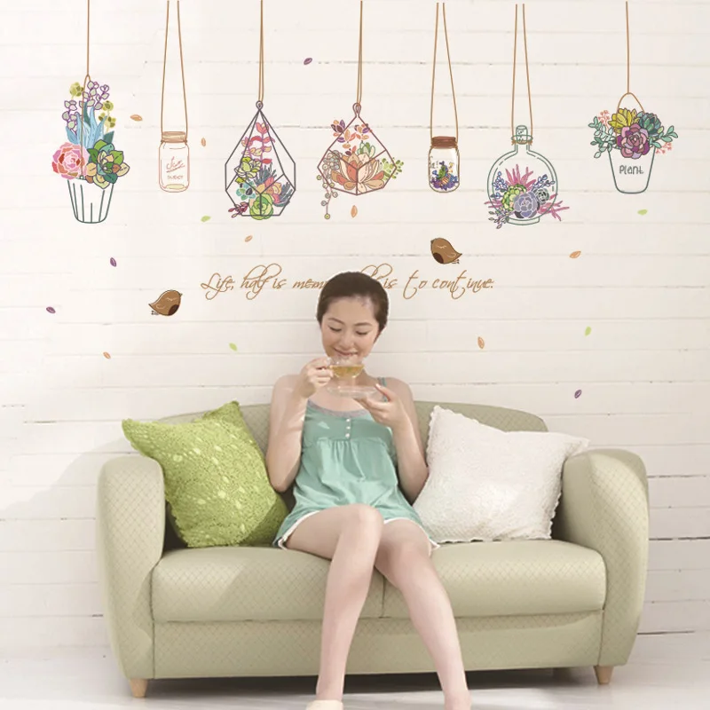 

Colorful Flowers Hanging on Glass Bottle Wall Stickers Butterflies Stickers for Living Room Bedroom Art Mural Decals
