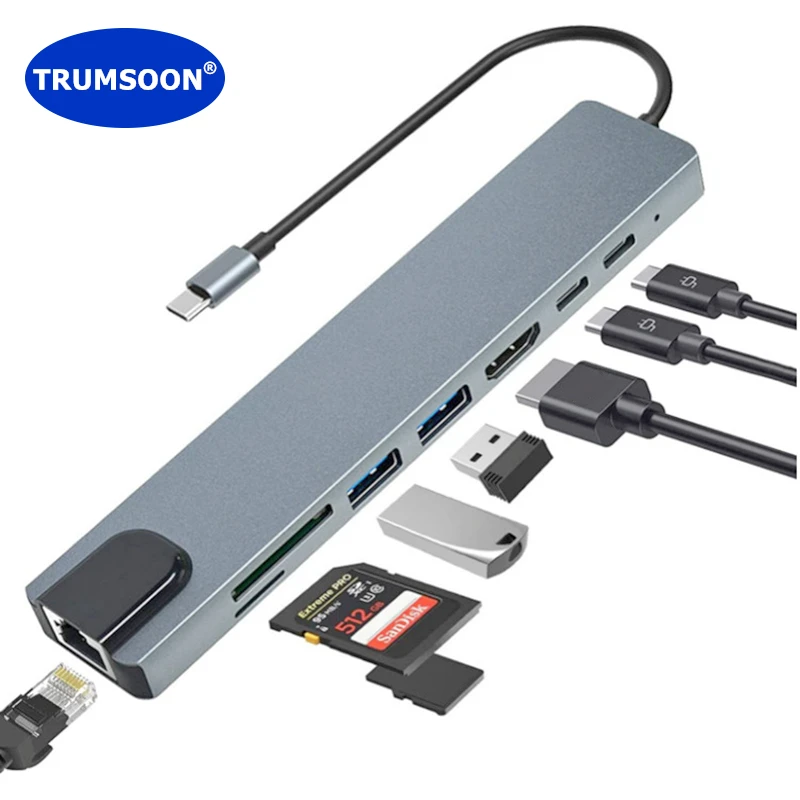 Trumsoon USB C Hub to 4K HDTV RJ45 Lan USB 3.0 2.0 SD TF Card Reader Type C Dock for MacBook iPad Samsung S21 Dex PS5 TV Switch