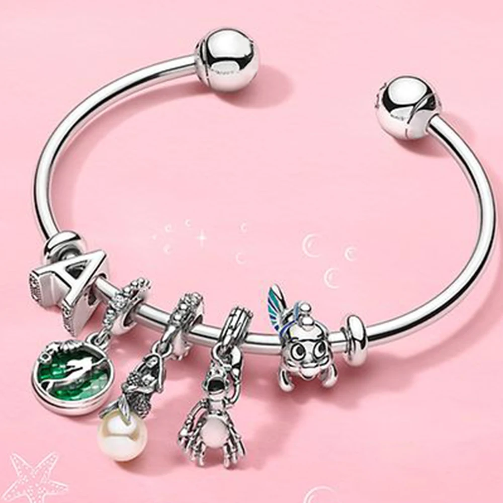 

FAHMI 100% 925 Sterling Silver Mermaid Flounder Little Dinosaur Charm Bangle Bracelet Set Opening Adjustable 2019 Autumn New