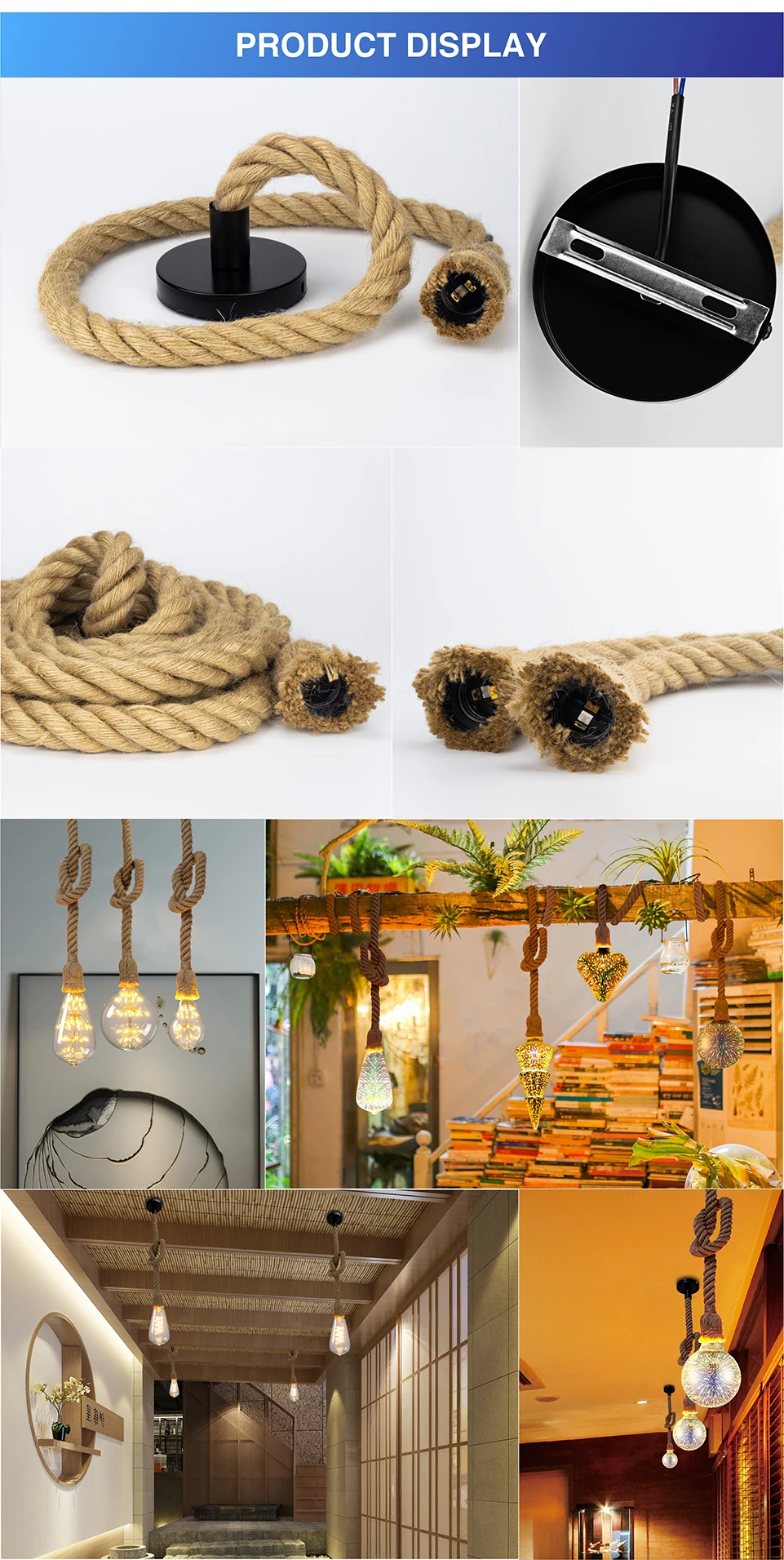 Винтажный подвесной светильник Эдисона с пеньковой веревкой, держатель E27 1 м 1,5 м 2 м 3M, креативный подвесной светильник, промышленный светильник, базовый Декор