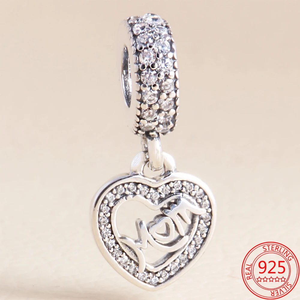 

Handmade 925 Sterling Silver Pav Heart-shaped Mom Charm Fit Original Brand Bracelet Pendant Mother's Day Gift Set