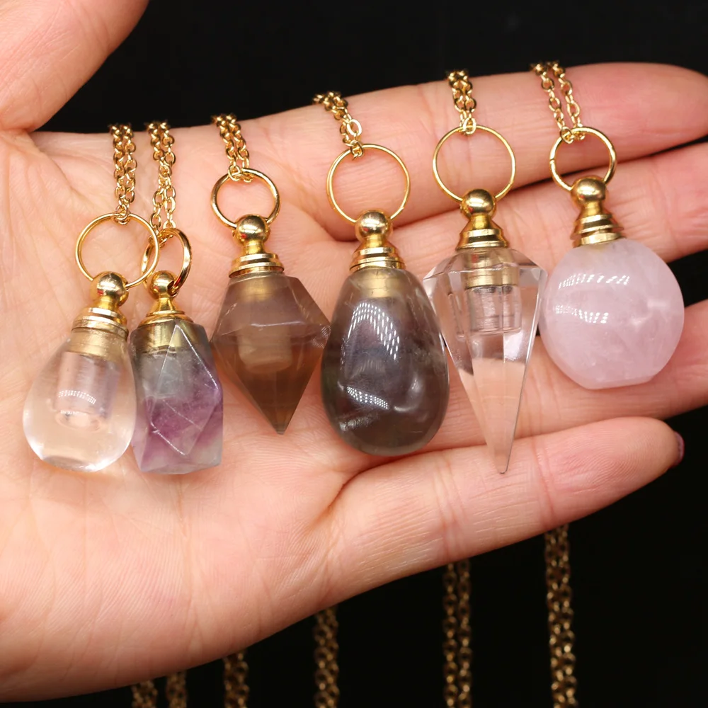 

Natural Stone Agates Crystal Quartz Perfume Bottle Purple Fluorite Pendant Essential Oil Diffuser Necklace Women Jewelry Gift