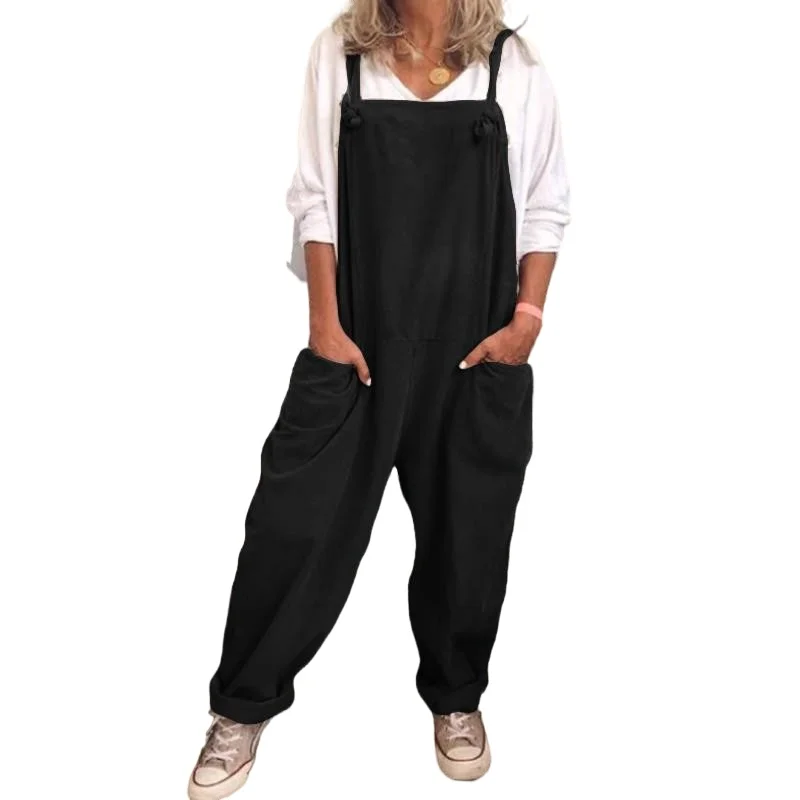 Jumpsuit women pure color suspenders casual loose trousers high waist large size jeans vintage fashion pants cotton linen fabric