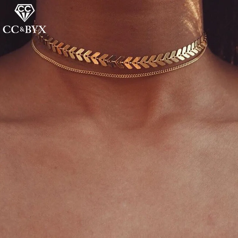 Золотая цепочка чокер ювелирное изделие в форме листа с кристаллами YH90|Ожерелья