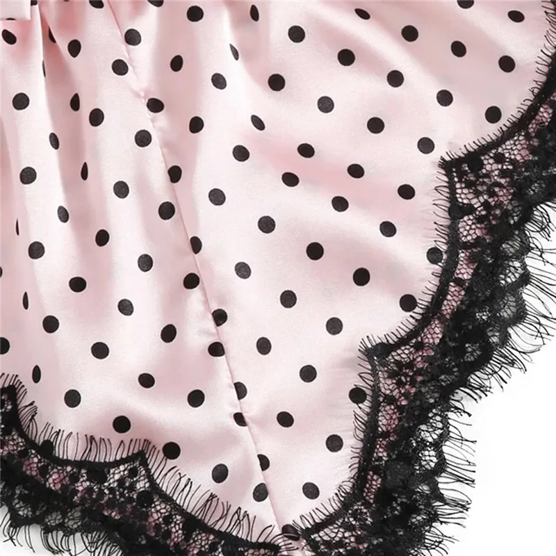 

2020Women Sexy Lingerie with Bow-knot Decoration Polka Dot Print Backless Deep V-neck Bandage Sleeping Jumpsuit Female Sleepwear