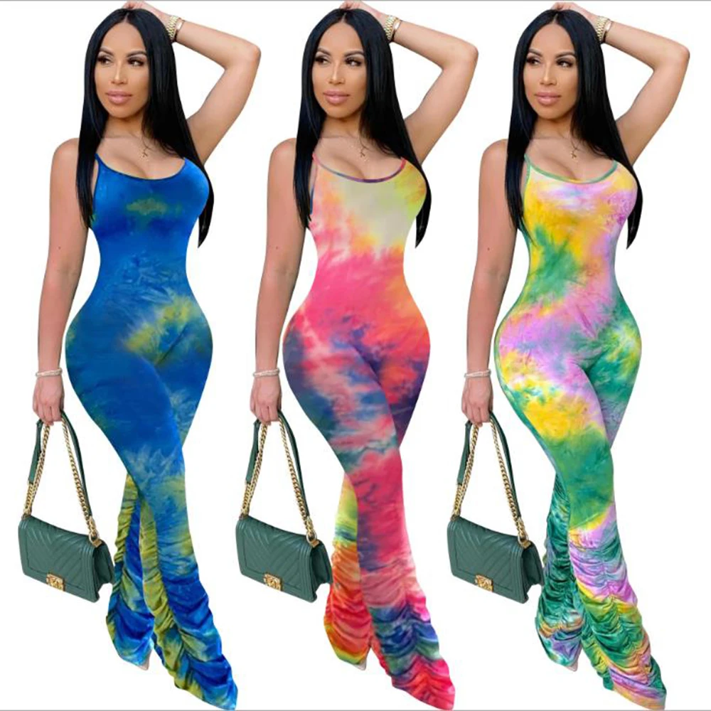 

Combinaison Femme Sexy Tie-dye Print Jumpsuit Stacked Rompers Spaghetti Strap Bodysuit One Piece Playsuits Enterizos Para Mujer