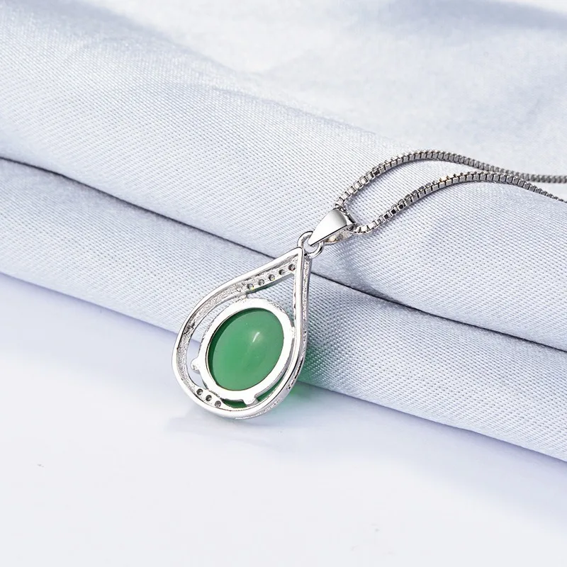 Натуральный зеленый нефрит халцедон круглый кулон 925 Серебряное ожерелье