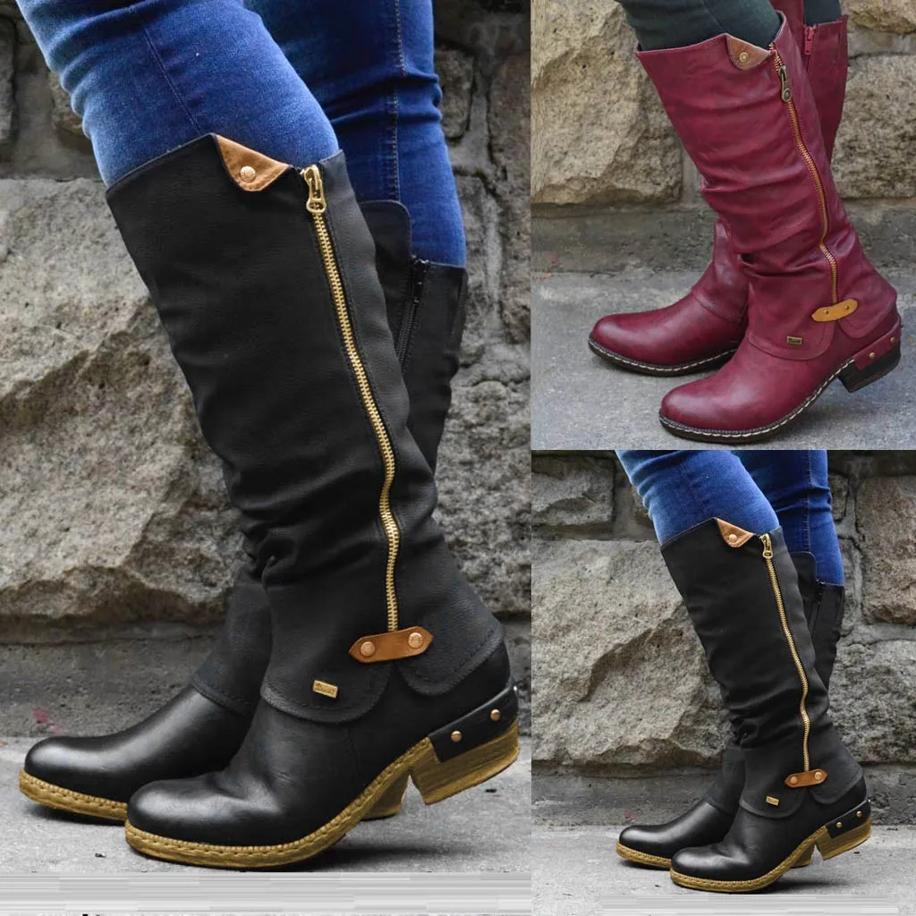

SAGACE winter knee high boots for women Casual zipper Round Toe Non slip Motorcycle boots Waterproof shoes woman botas mujer #4z