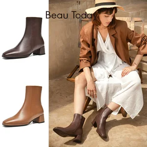 Ботильоны женские из овечьей кожи, с квадратным носком, на молнии, на толстом каблуке, ручная работа, 03885