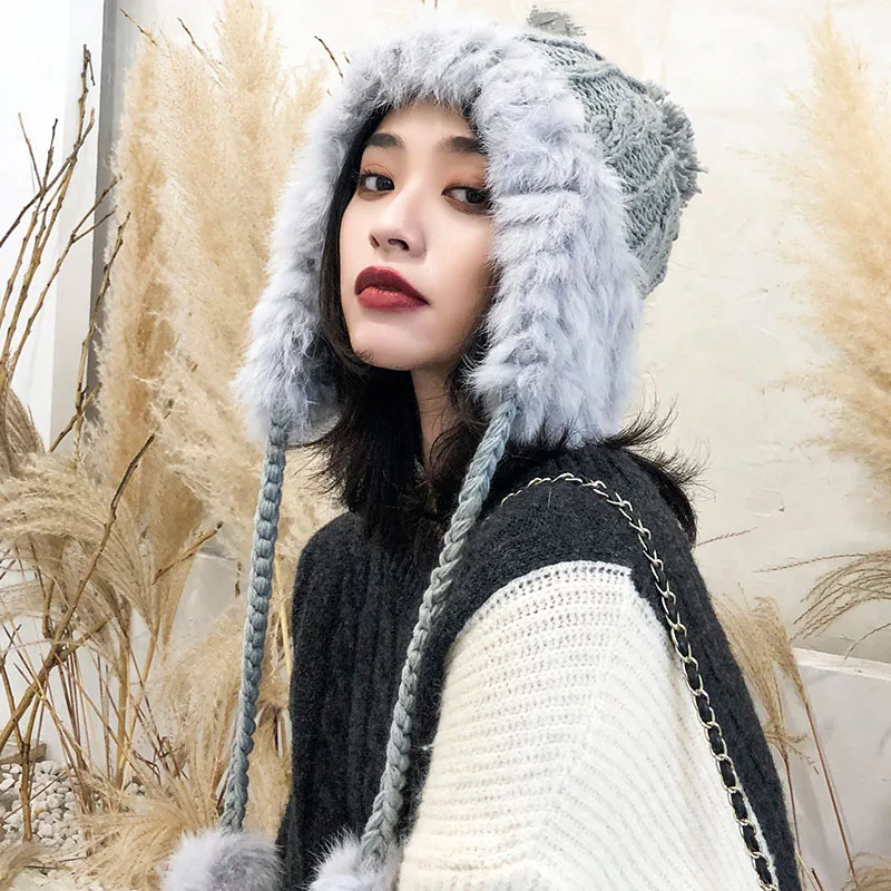 Зимние шапки для женщин толстые теплые вязаные Gorros женские милые белые шарики наушники шапки Белые зимние женские шапки и шапочки - Цвет: Color 2