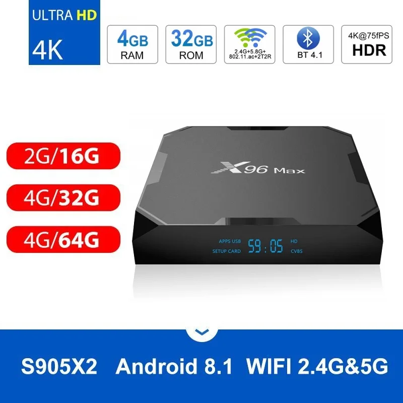 X96 Max Android 8,1 Smart tv box Amlogic S905X2 LPDDR4 4 ядра, 4 Гб оперативной памяти, 32 Гб встроенной памяти, 64 ГБ 2,4 г& Wi-Fi 5 ГГц Wi-Fi, BT 1000M 4K set top tv box