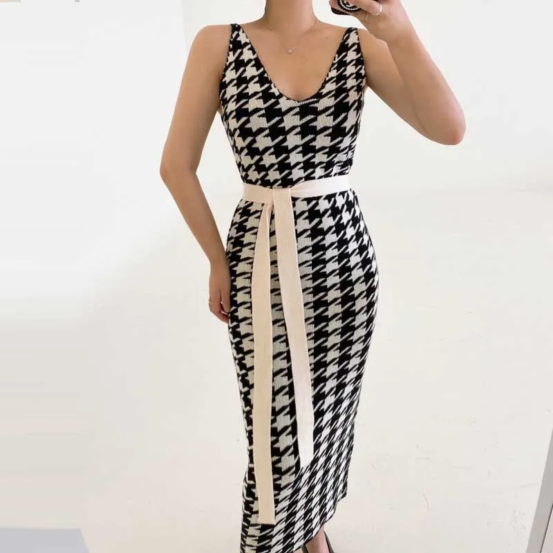 

One-Piece Women'S Houndstooth Knitted Sweater Dress Korean Loose Ladies Knit Sweater Cardigan Jacket 2020 Winter Women Dresses