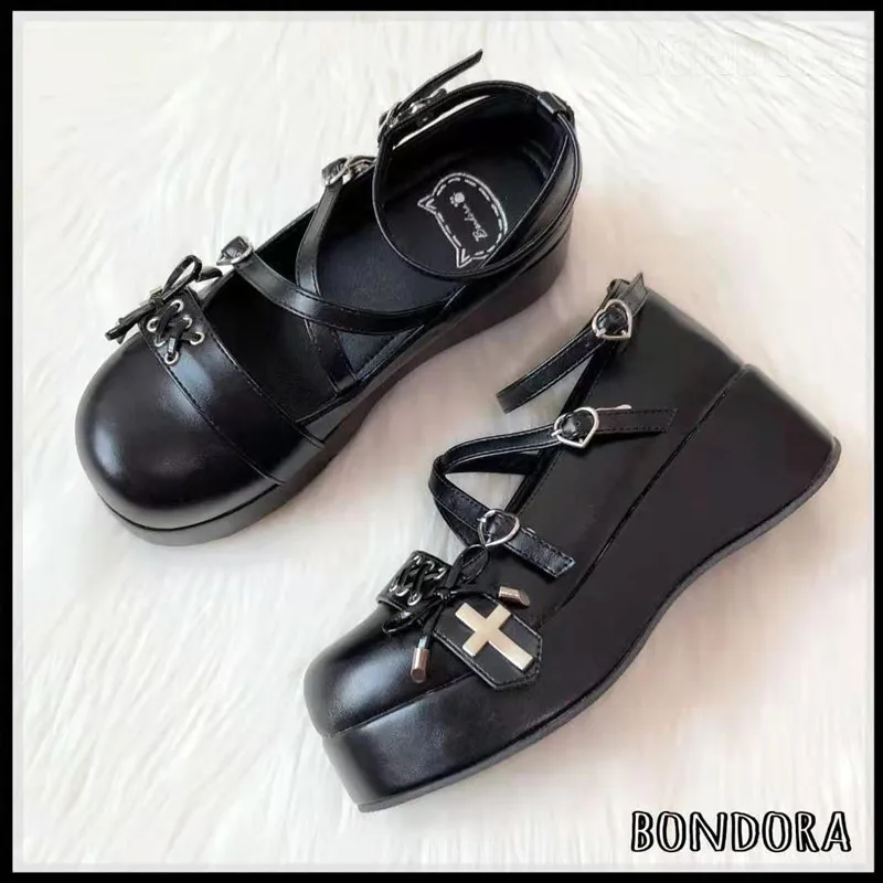 

Women Lolita Cross Belt Buckle Round Toe Gothic Punk Pumps Shoes Platform Wedge High Heel Creepers Japanese Harajuku Dark 2022