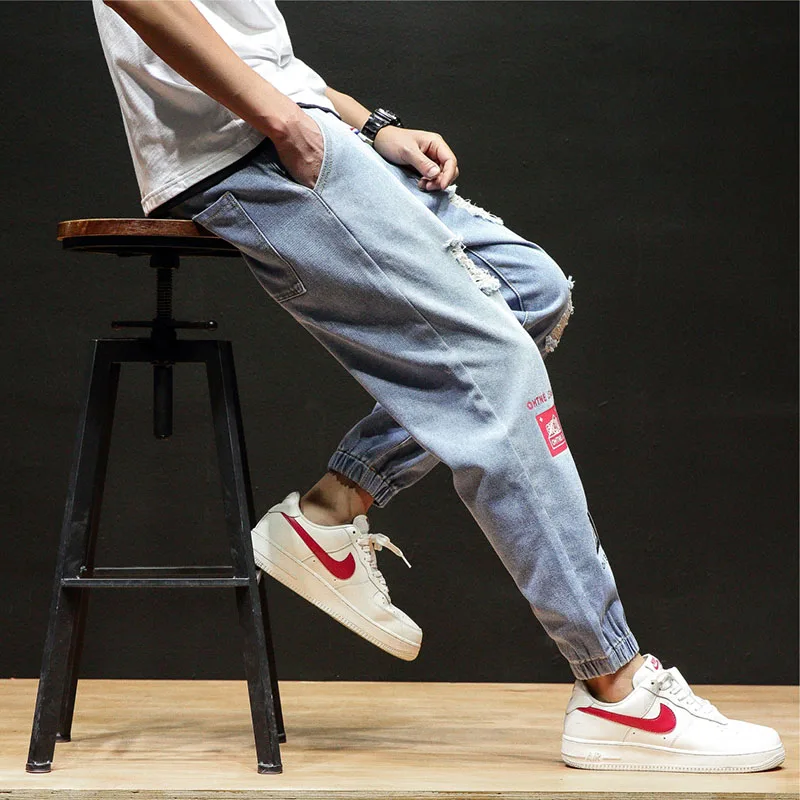 Синий ретро отверстие джинсовый костюм прямые карманные брюки 2019 Модные мужские