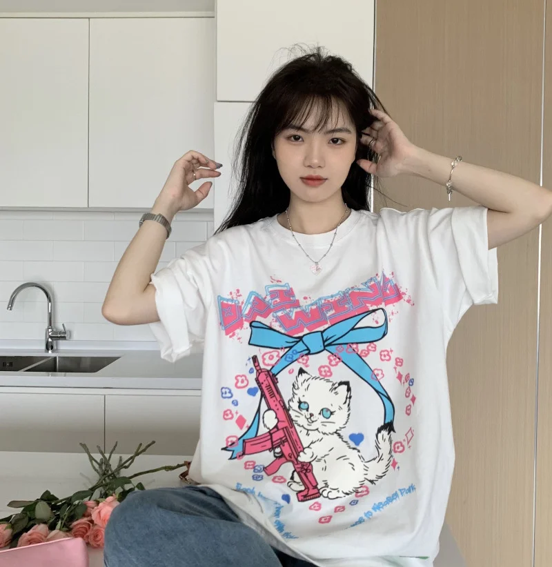 Футболка женская с коротким рукавом и принтом кошки | Женская одежда