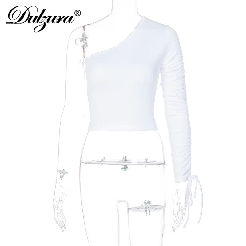 

Dulzura drawstring ruched women t shirt crop top one shoulder bodycon sexy streetwear party club elegant autumn winter clothes