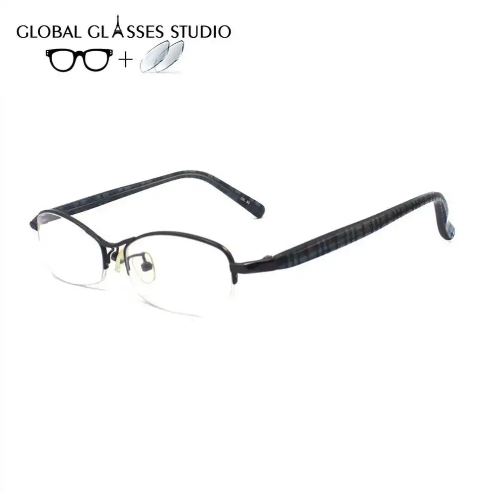 

AS-504 Small shape half rim oval metal lens glasses men black glasses white acetate Plaid Temple Prescription optical glass