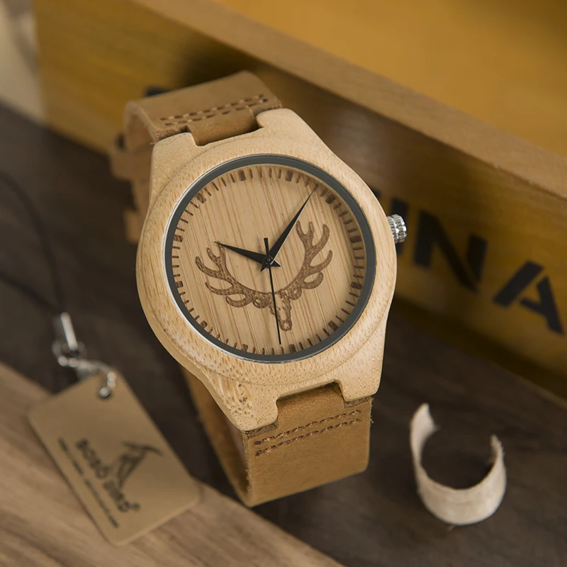 Мужские часы BOBO BIRD Wood с головой оленя кожаным ремешком бамбуковые кварцевые