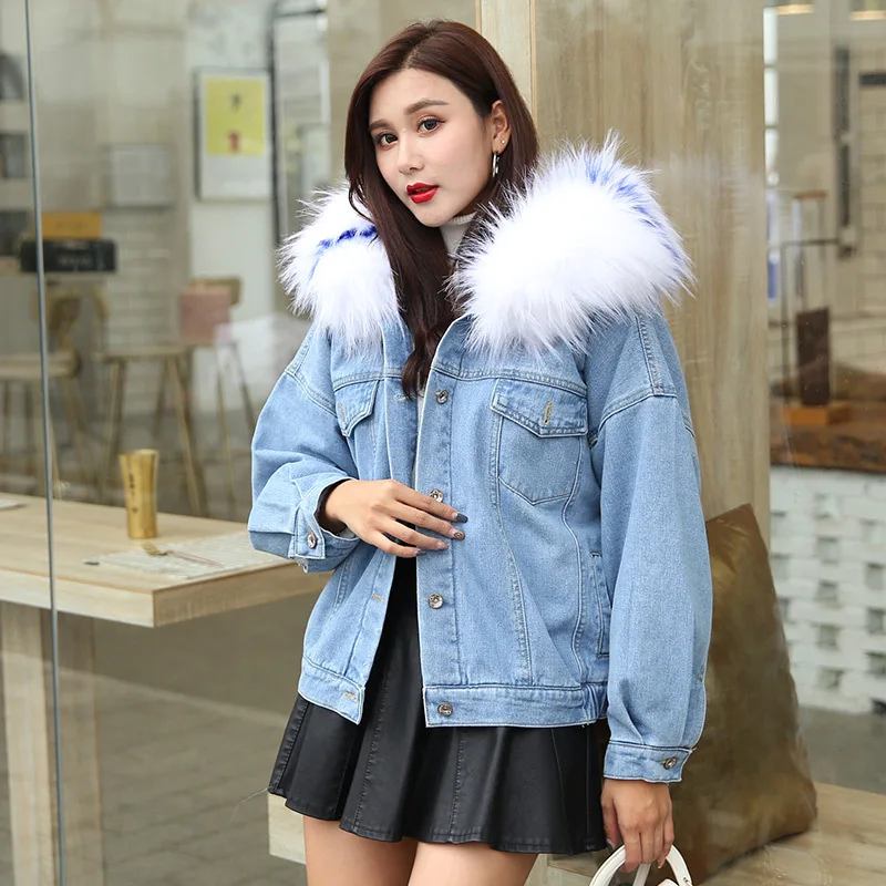 Женская джинсовая куртка GareMay бархатная с большим меховым воротником теплая для