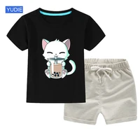 2021 summer boys clothes sets printing kittent shirt and cotton sports short pants leisure children suit for kids under 8 yrs