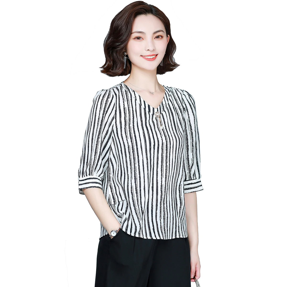 

2021 Woman Summer Elegant Pullover Loose Vertical Stripes Shirt