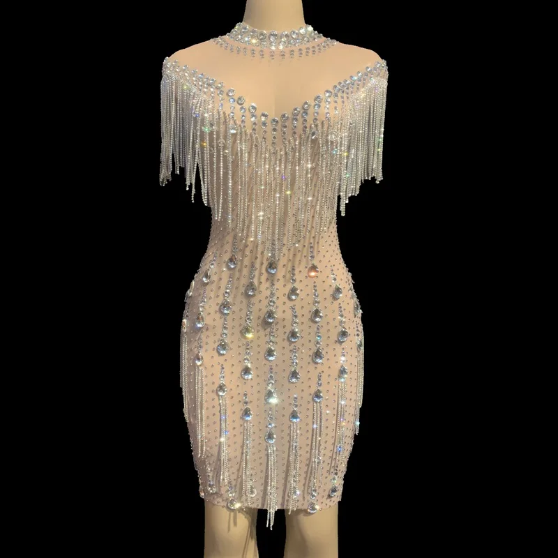 

Новые роскошные женские Стразы, бахрома, прозрачная сетка, без рукавов, короткое платье на день рождения, бар, ночной клуб, певец, танцевальн...