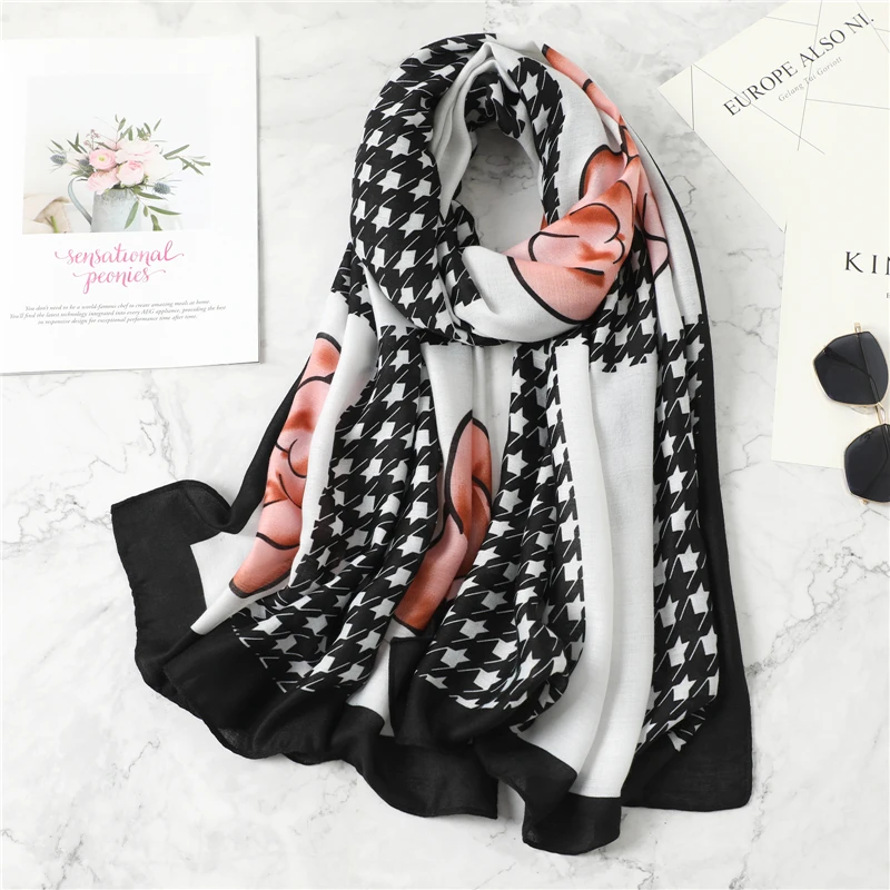 

2021 New Women Winter Scarf Plaid Floral Pashmina Hijab Shawl Wraps Large Warm Cotton Feeling Scarves Spring Headband