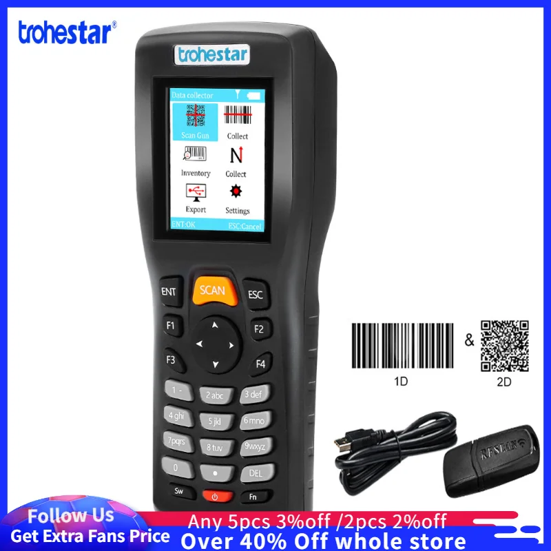 

Trohestar Wireless Barcode Scanner 1D 2D Bar Code Reader Inventory Counter Data Collector PDA QR Scanners leitor codigo barras