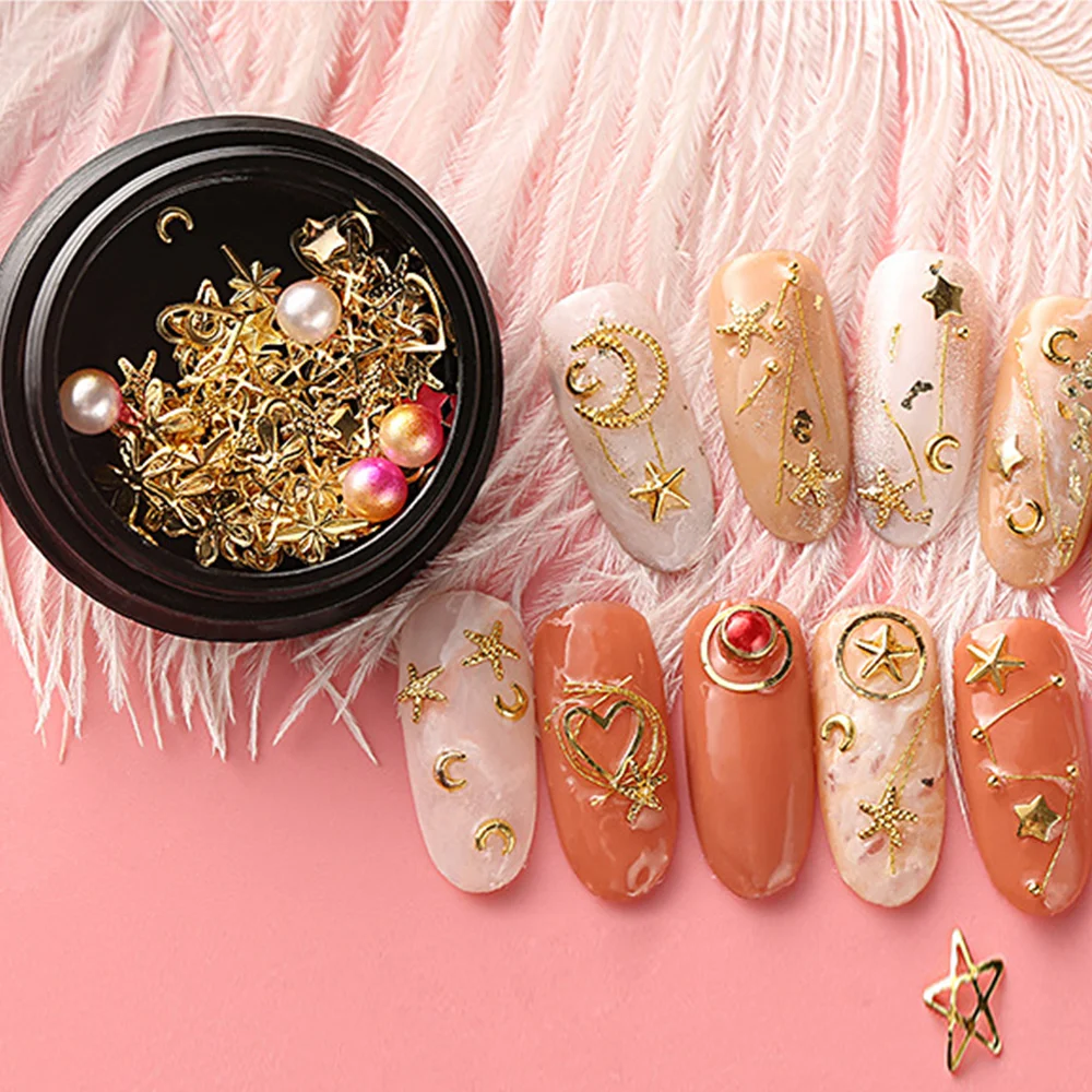 6 коробок Луна Звезда 3D украшения для ногтей разные размеры плоская задняя