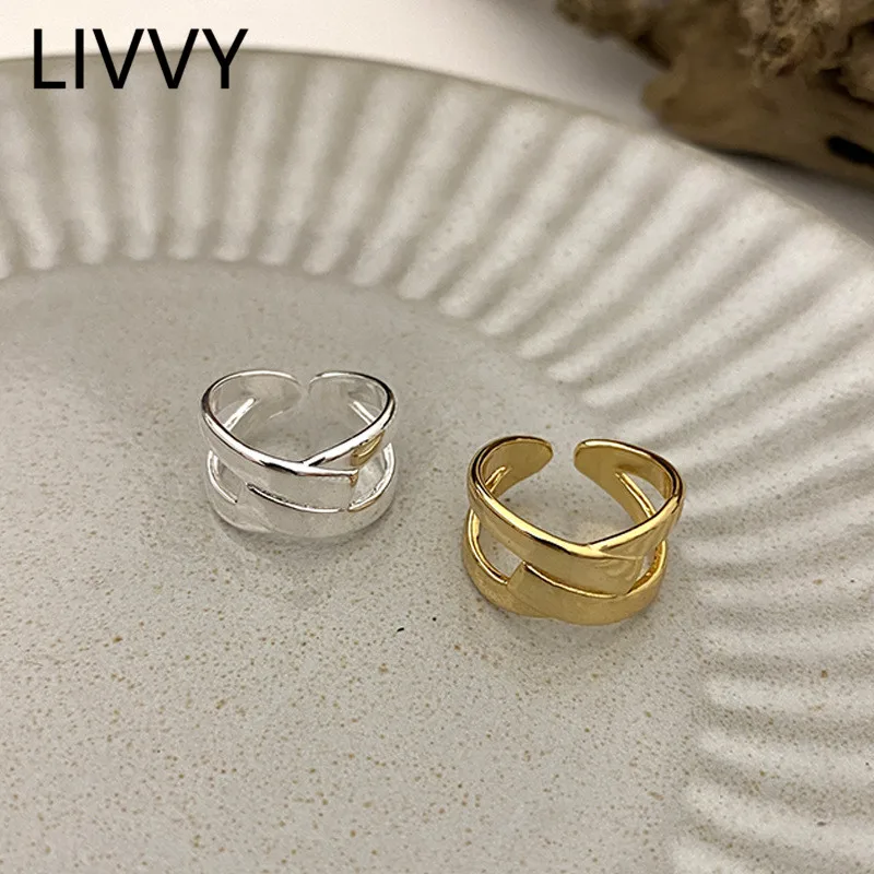 

LIVVY Silver Color Minimalist Trendy Party Rings For Women New Fashion Creative Double Hollow Cross Finger Jewelry Gifts