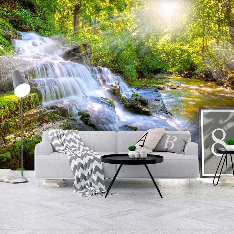

Custom 3D Wall Mural Classic Waterfall Green Forest Nature Scenery Photo Wallpaper Living Room TV Sofa Bedroom Papel De Parede