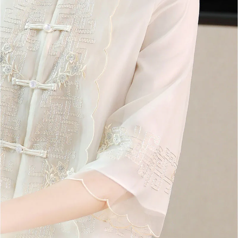 

Blouses Women's Plus Size Hanfu Blusas 2021 Spring New Chiffon Silky Splicing Irregular Cheongsam Shirts Skinny Retro Tops Woman